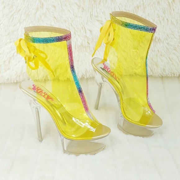 Yellow Clear Platform Heels Shoes Rhinestone Trim Golden Bulls - Picture 1 of 14